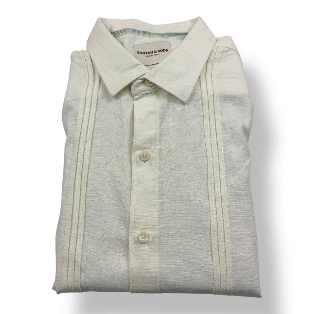 Scotch & Soda Mens Linen Blend Short Sleeve Pintuck Button Up Shirt‎ Cream Large